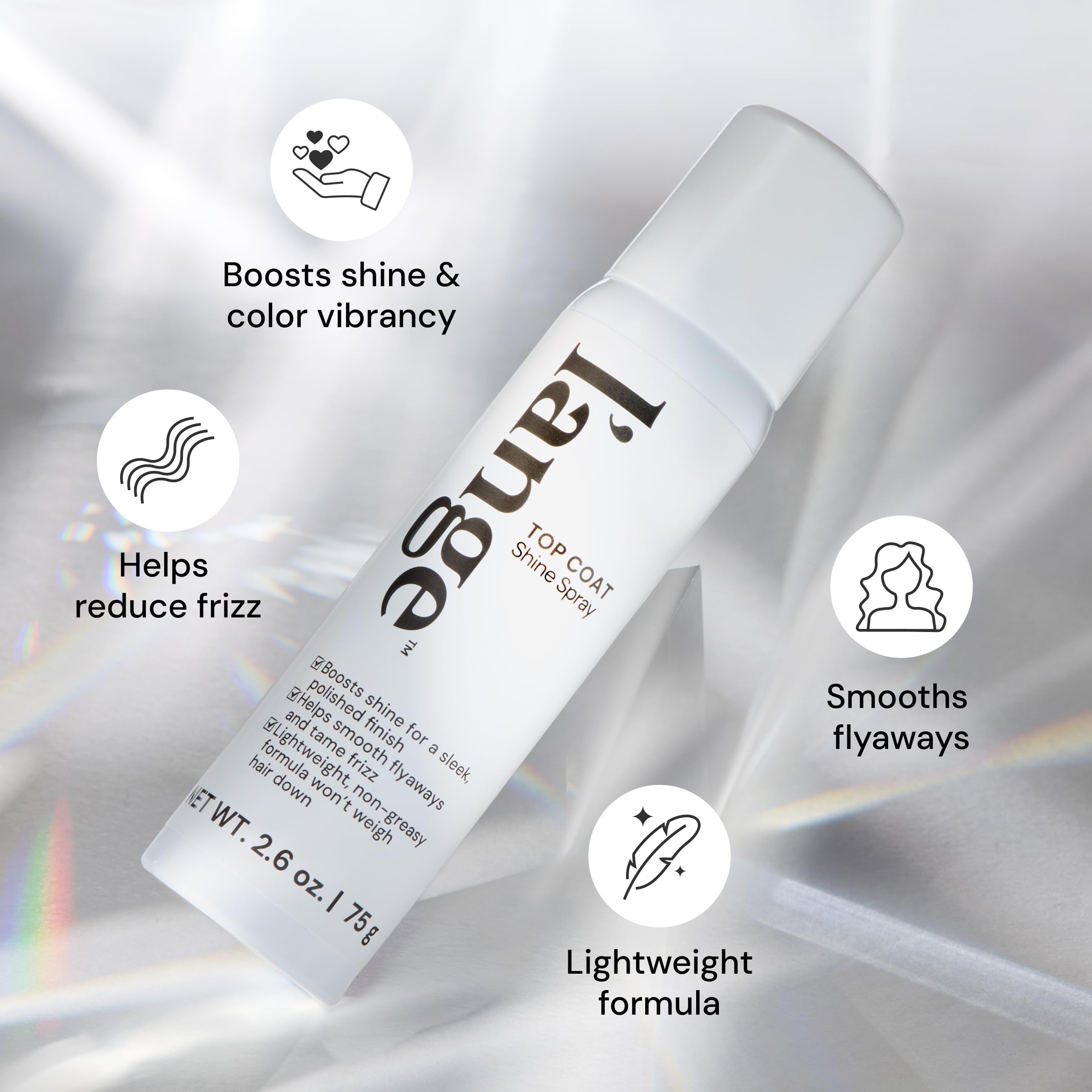 L'ANGE HAIR Top Coat Shine Spray fine mist smooths flyaways.