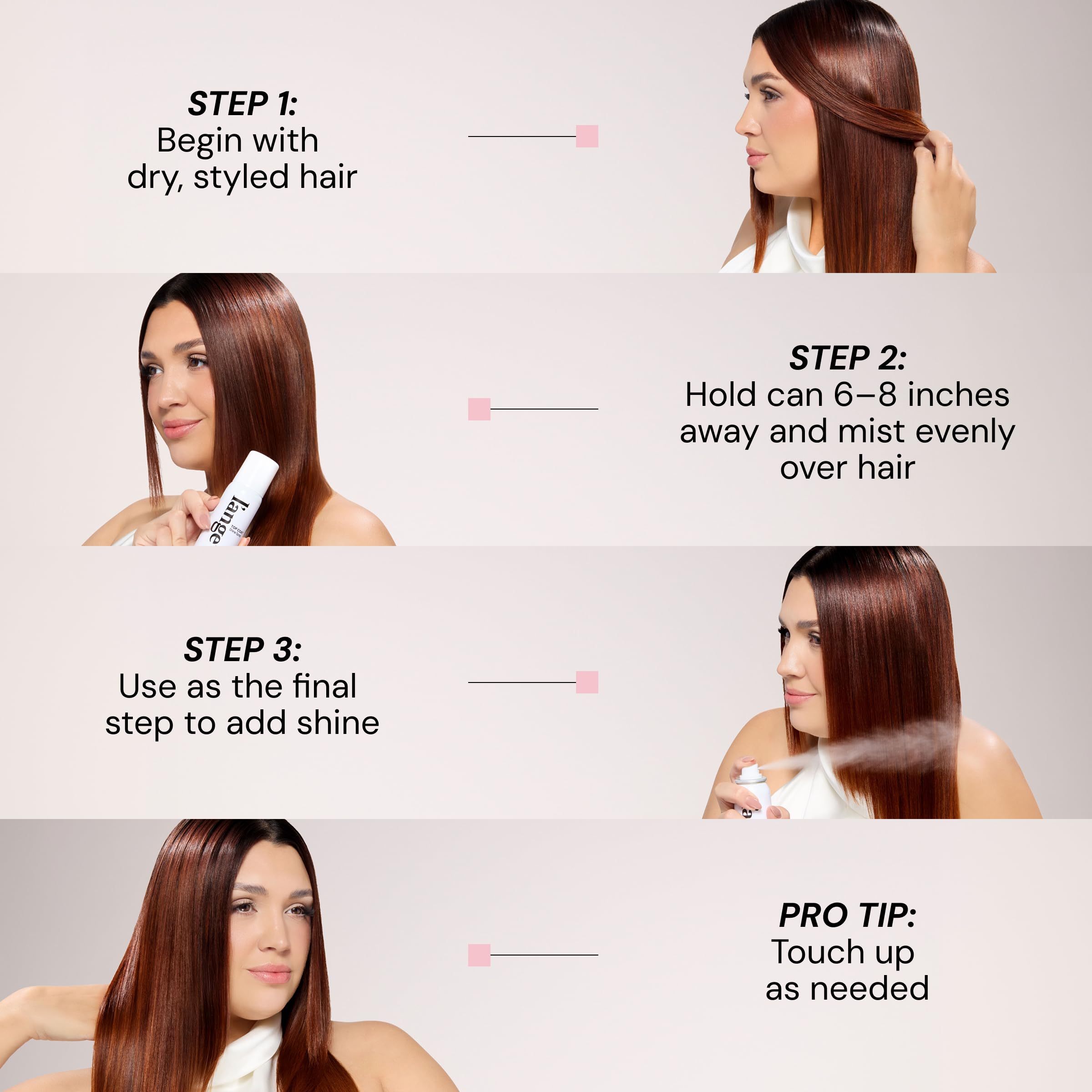 L'ANGE HAIR Top Coat Shine Spray boosts shine with just a few sprays.