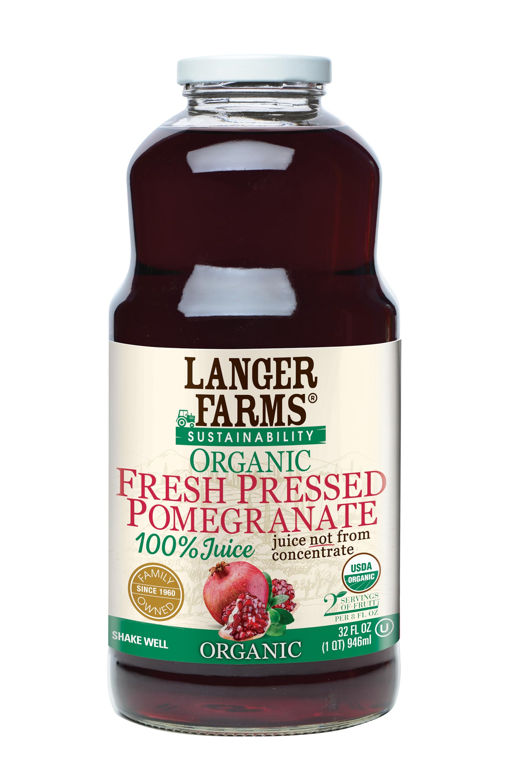 Langers Organic Pomegranate Juice bottle front view, pure 100% juice for daily hydration.