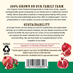 Langers Organic Pomegranate Juice bottle close-up showing farm-fresh taste.