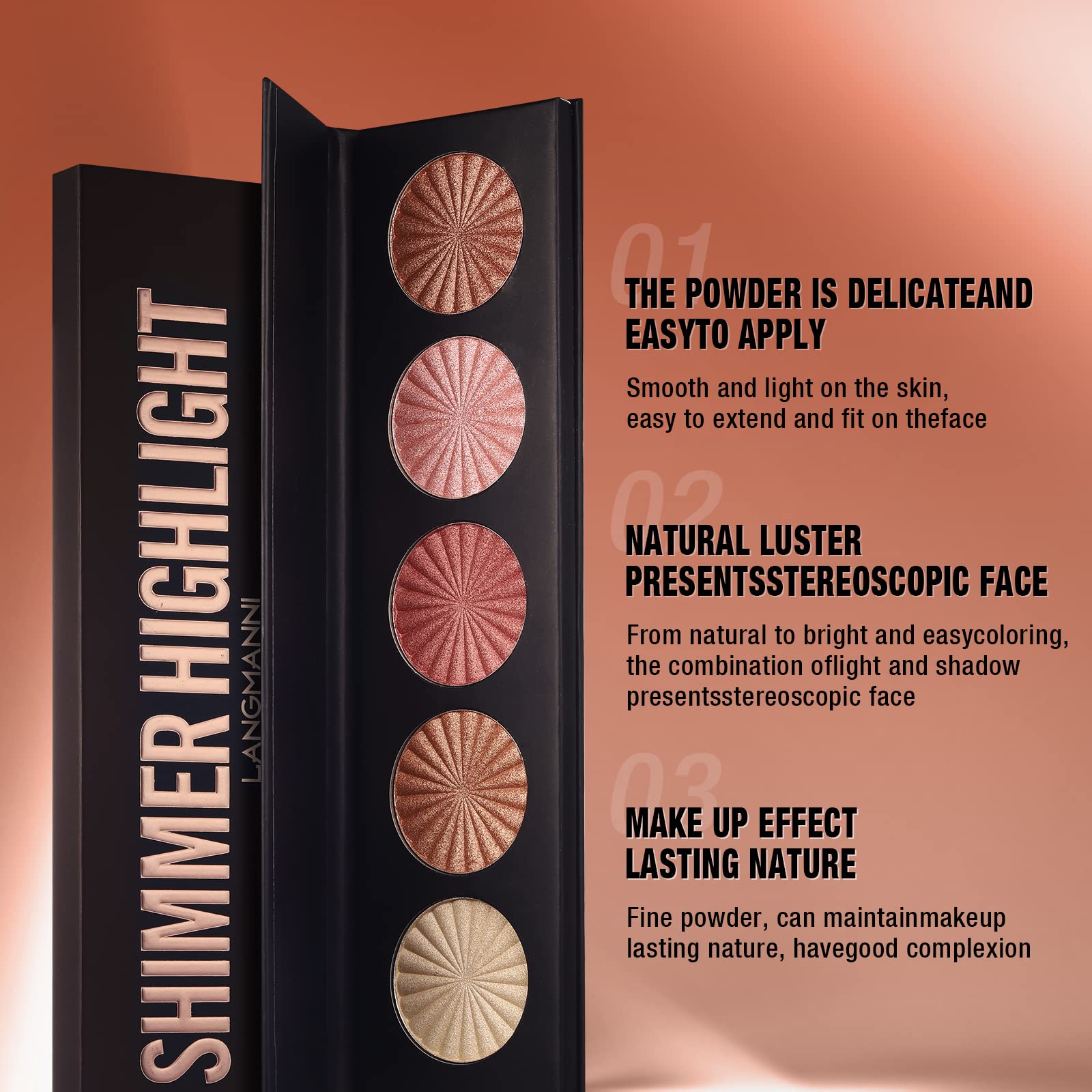 Langmanni brightening palette enhances cheekbones, eyelids, and inner corners.