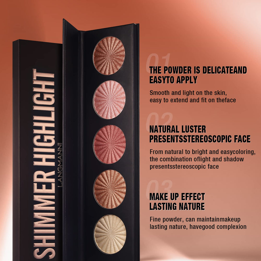 Langmanni brightening palette enhances cheekbones, eyelids, and inner corners.