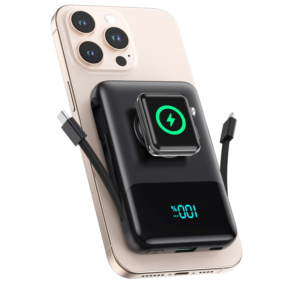 LanLuk magnetic portable charger with built-in cables for wireless and wired charging on the go.