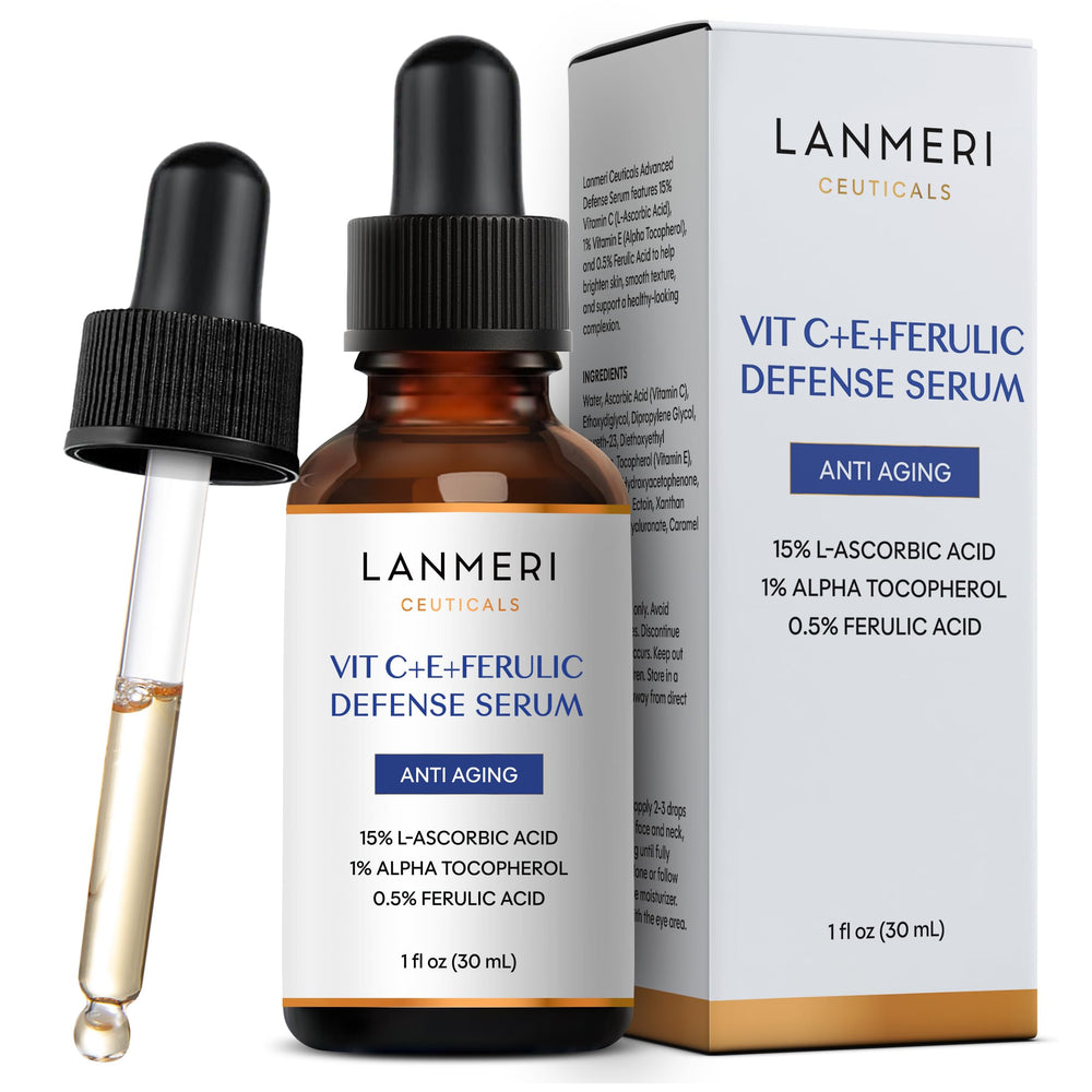 Lanmeri Ceuticals 15% Vitamin C Serum bottle showcases potent antioxidant protection for daily skincare.