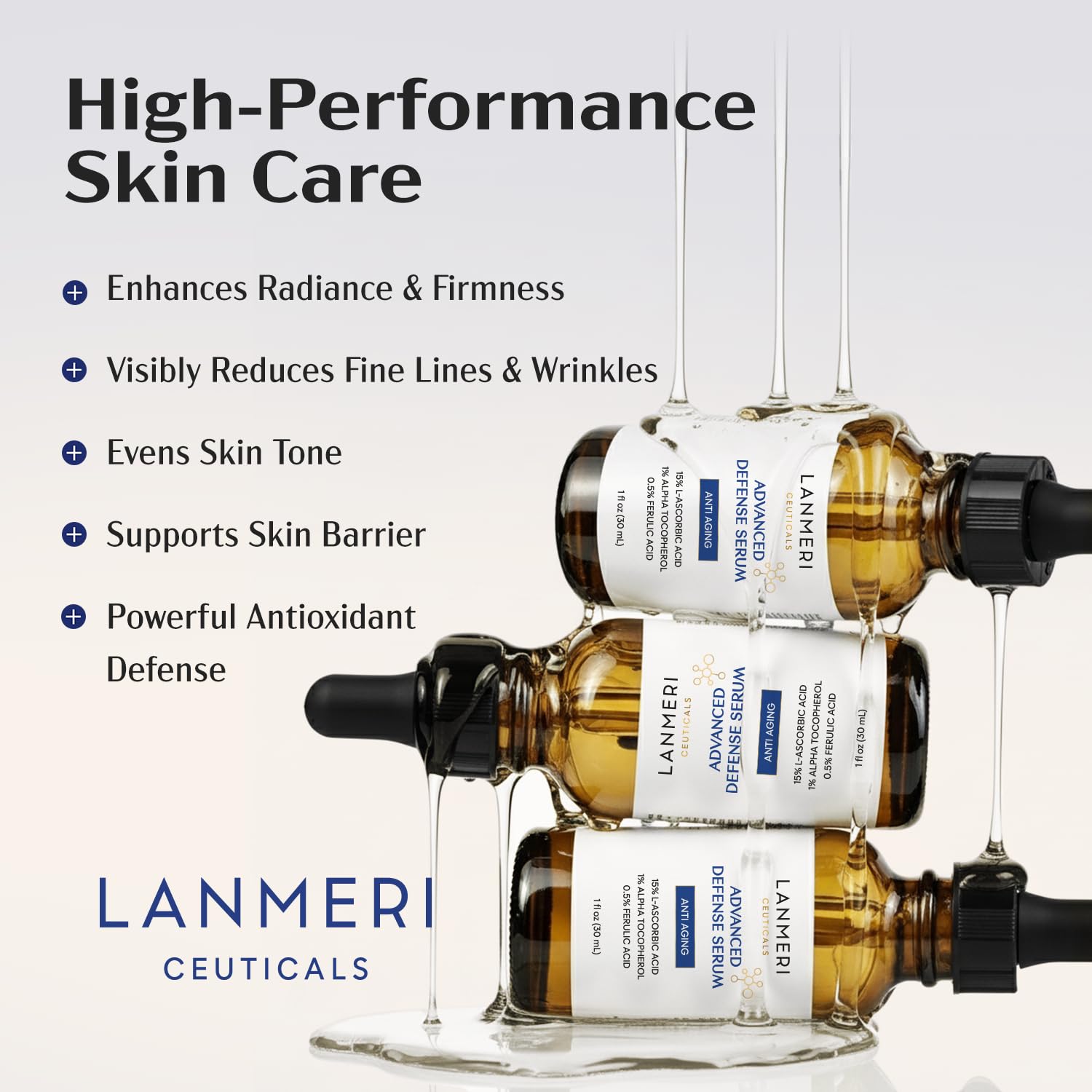 Lanmeri Ceuticals airless pump system ensures consistent dispensing and product protection.