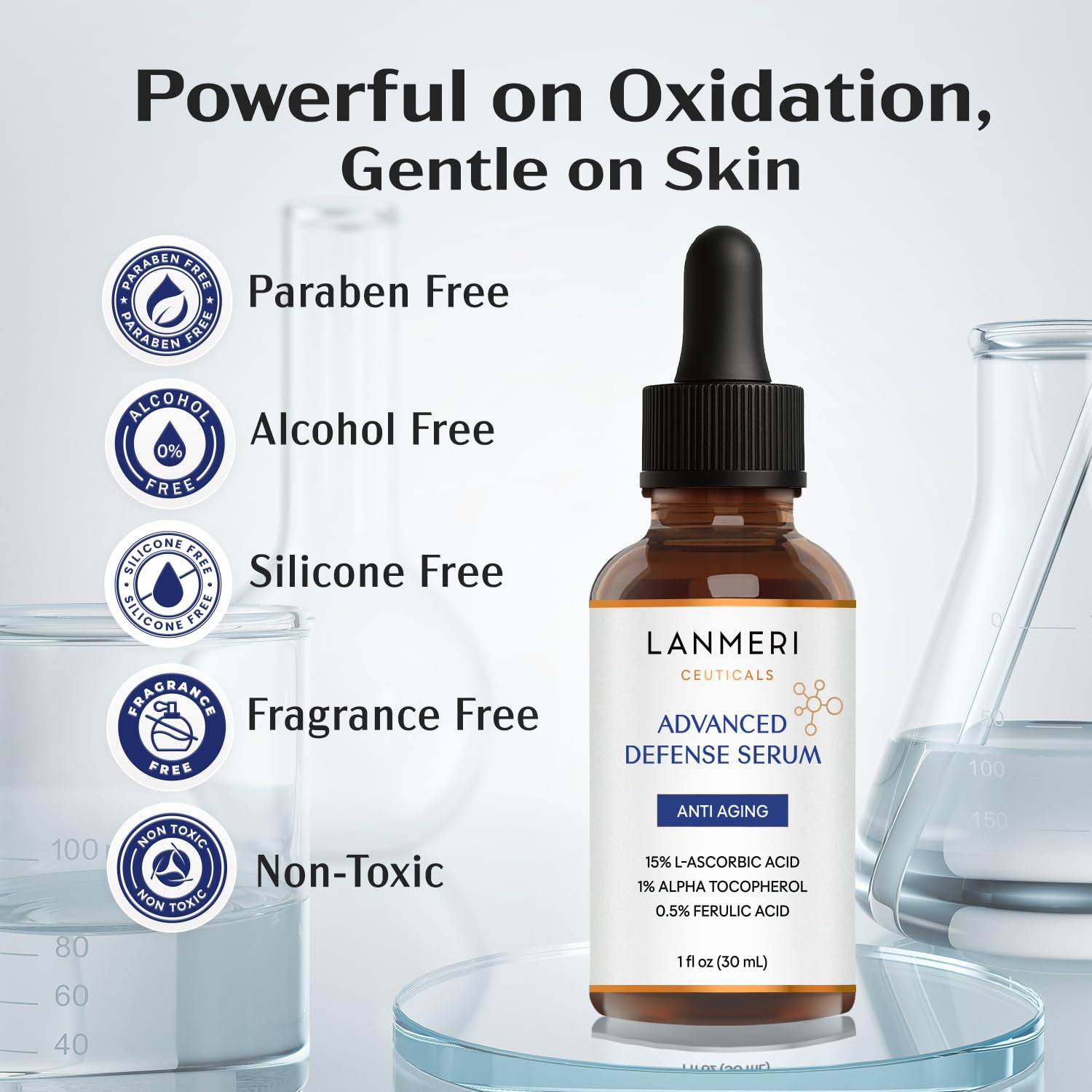 Lanmeri Ceuticals 1 fl oz bottle suits both morning and evening routines.