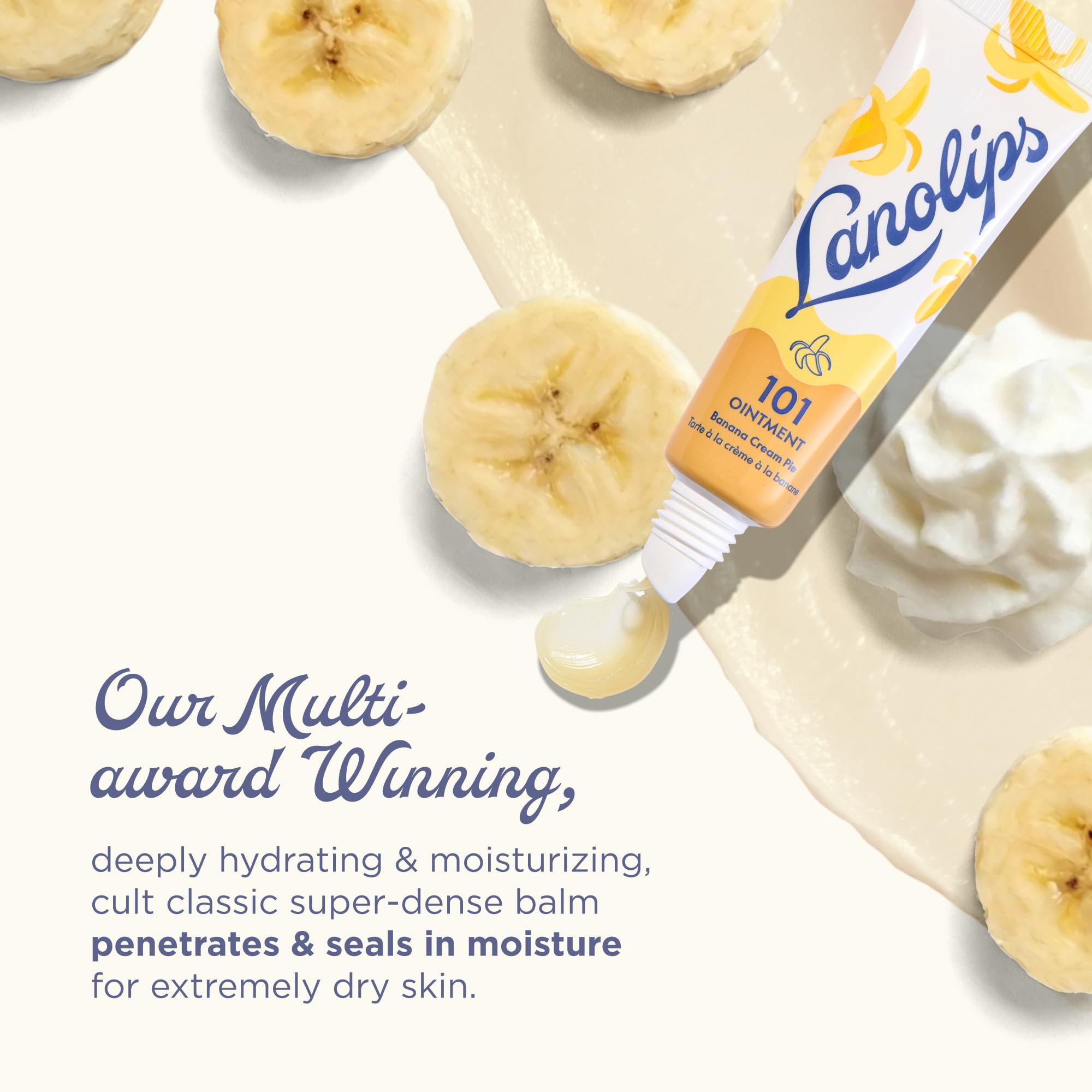 Lanolips Banana Cream Pie packaging highlights natural ingredients for lips.