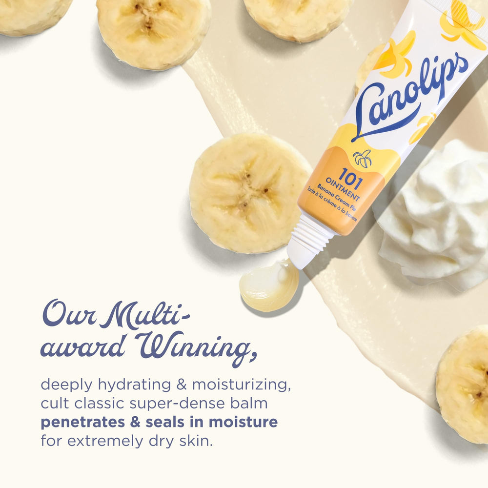 Lanolips Banana Cream Pie packaging highlights natural ingredients for lips.