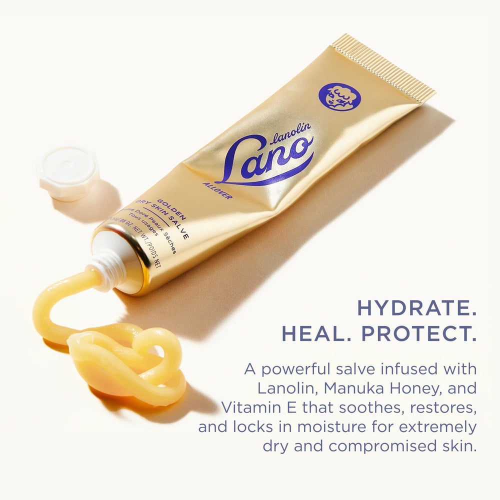 Lanolips Golden Dry Skin Salve ingredients highlight lanolin, Manuka honey, and vitamin E.
