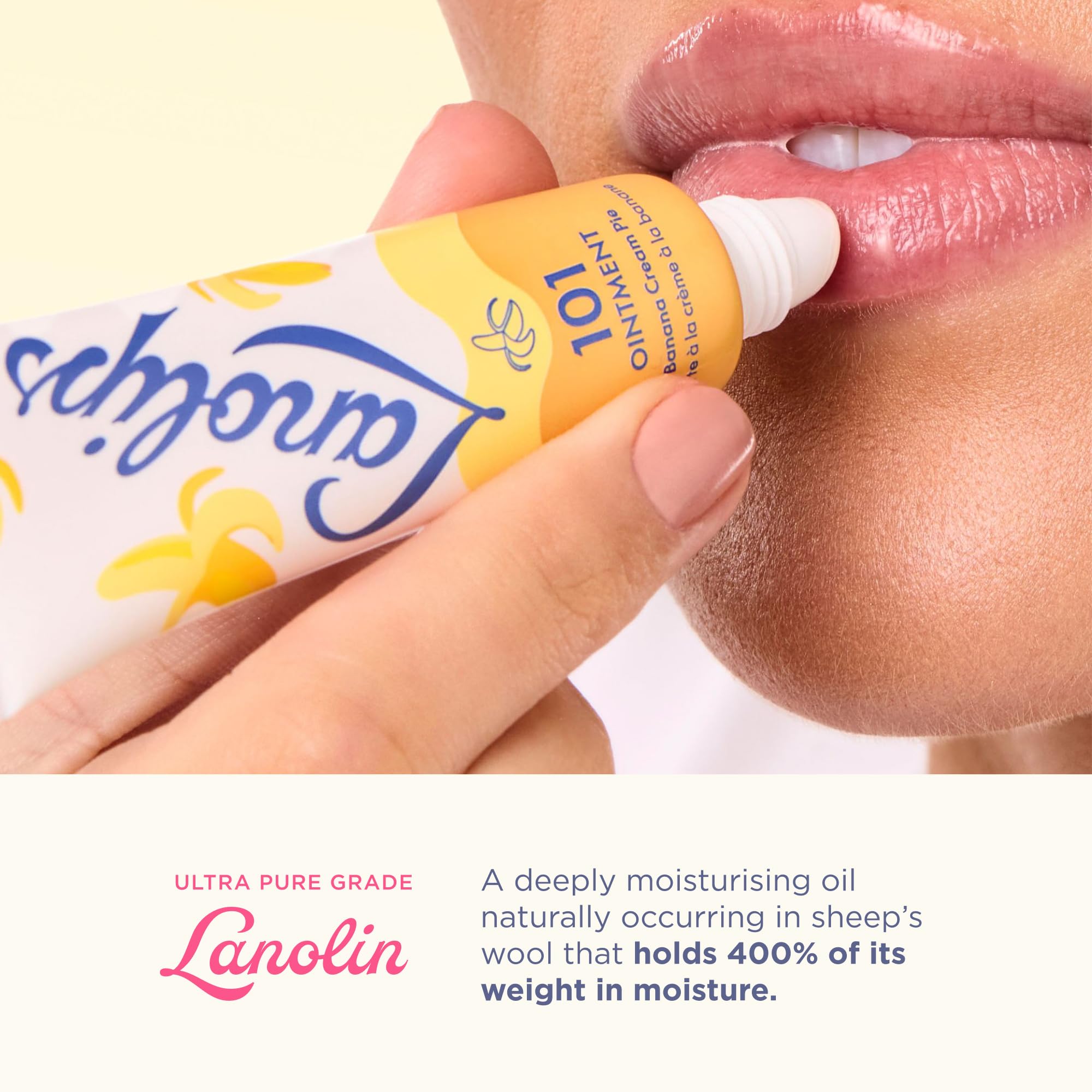 Lanolips Lanolin 101 Ointment texture close-up shows non-greasy finish.