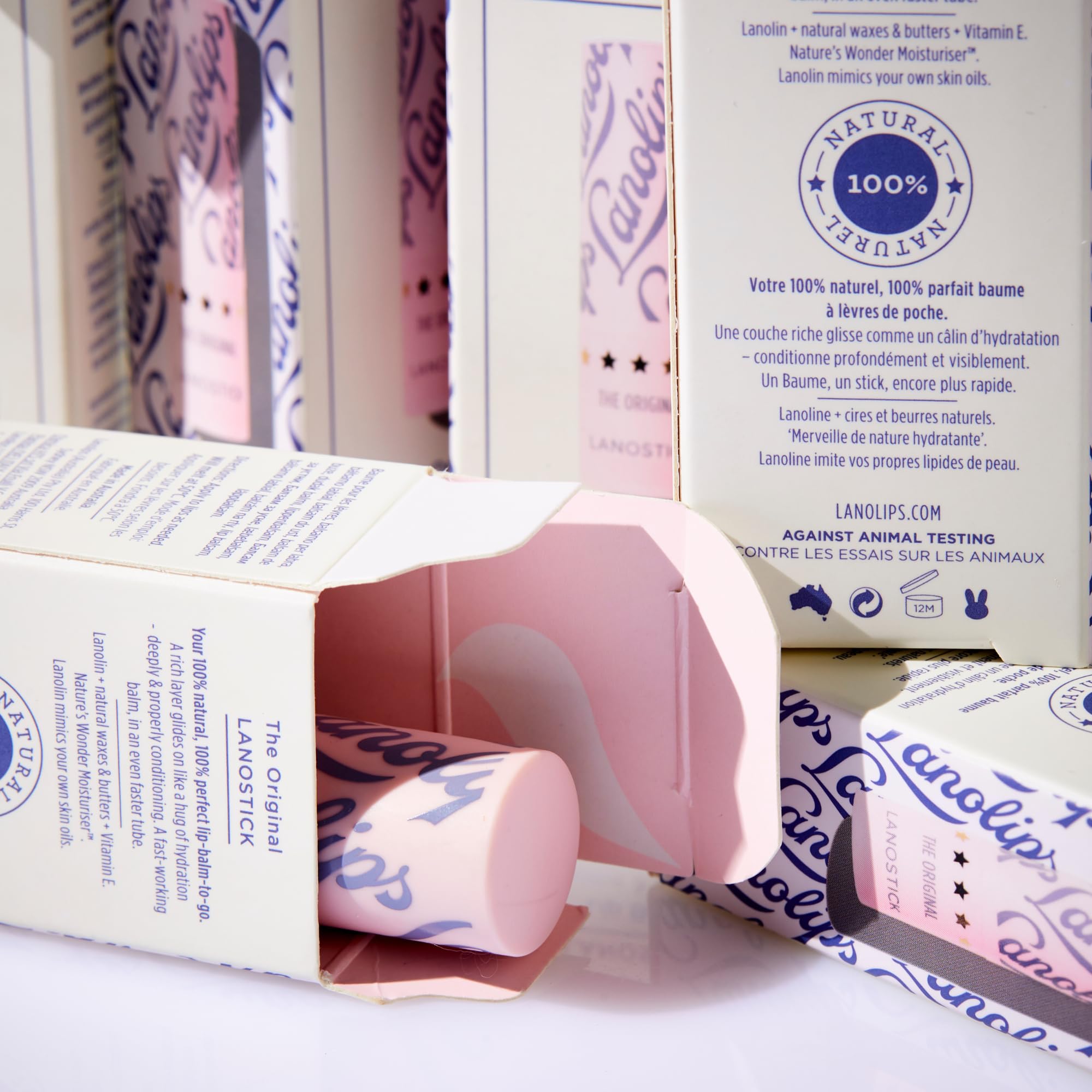 Lanolips Lanostick packaging close-up, highlighting petrolatum-free formulation.