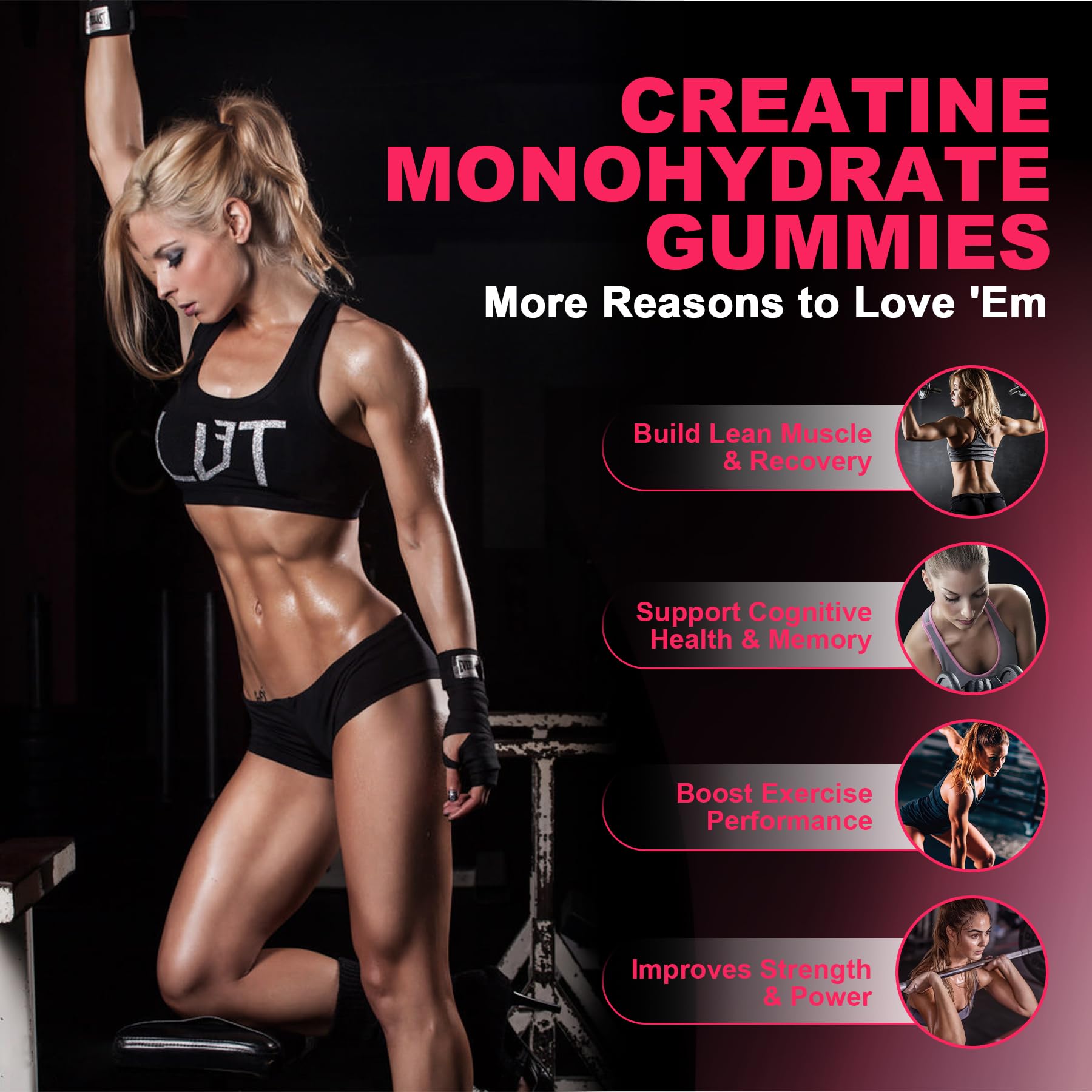 LanranBee creatine gummies label closeup presents collagen and BCAA benefits visually
