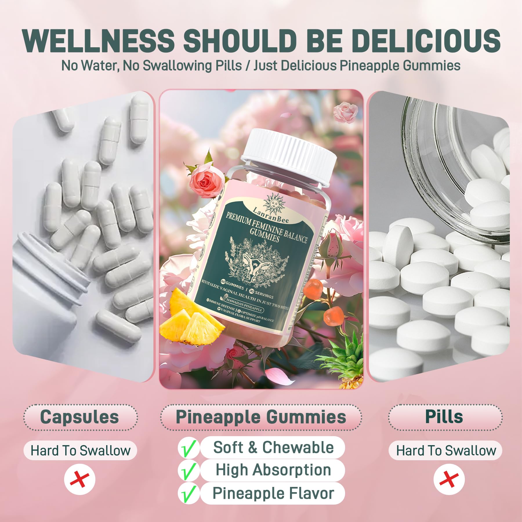 LanranBee bottle emphasizes immune support and vaginal balance benefits