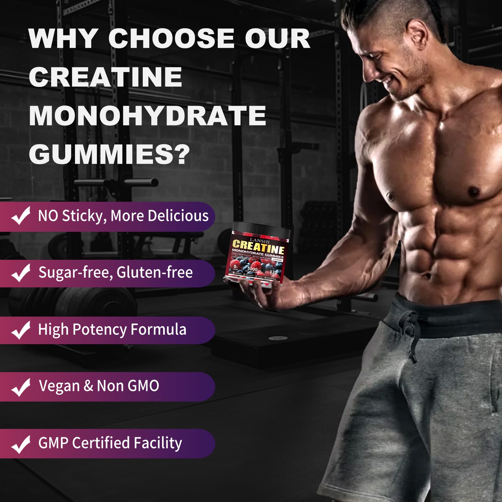 LANSHI Creatine Monohydrate Gummies in a gym setting supporting busy athletes' training routines.