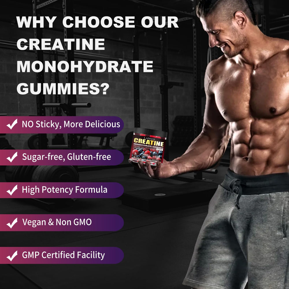 LANSHI Creatine Monohydrate Gummies in a gym setting supporting busy athletes' training routines.