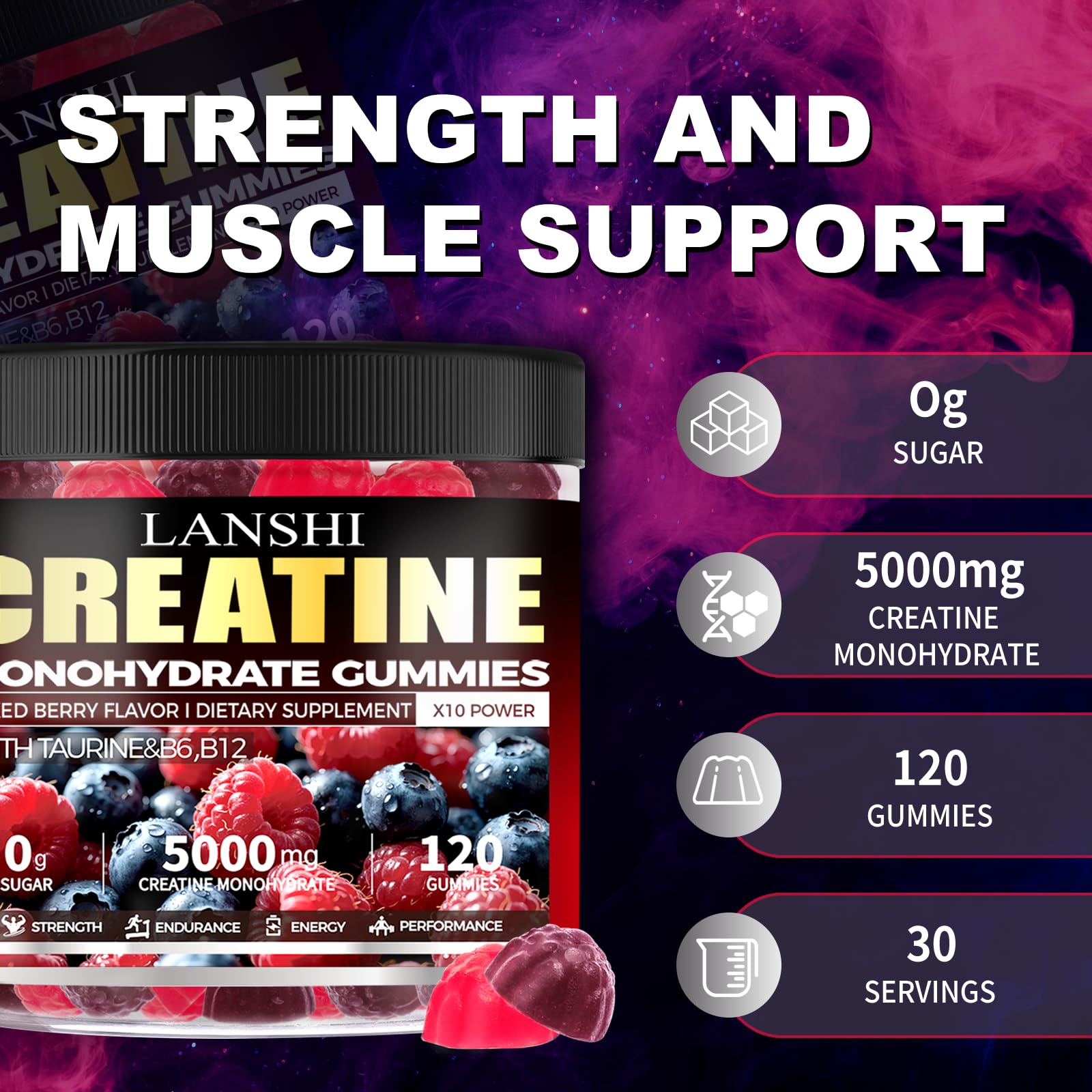 LANSHI Creatine Monohydrate Gummies on kitchen counter with water showcasing convenient hydration-friendly use.