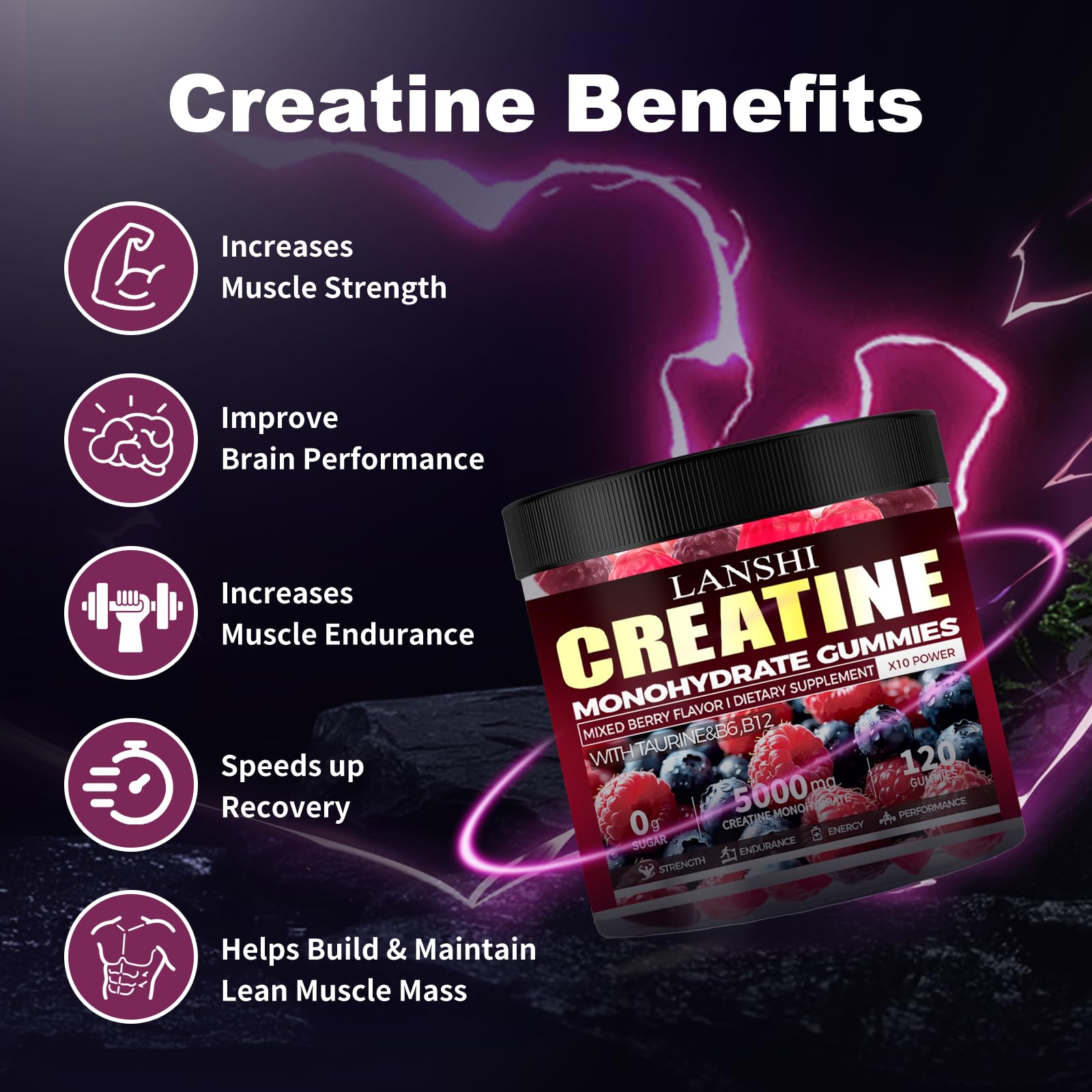LANSHI Creatine Monohydrate Gummies packaging close-up highlighting GMP-certified production.
