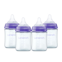 Lansinoh anti-colic glass bottle 5 oz four-pack XS supports calmer feeds.