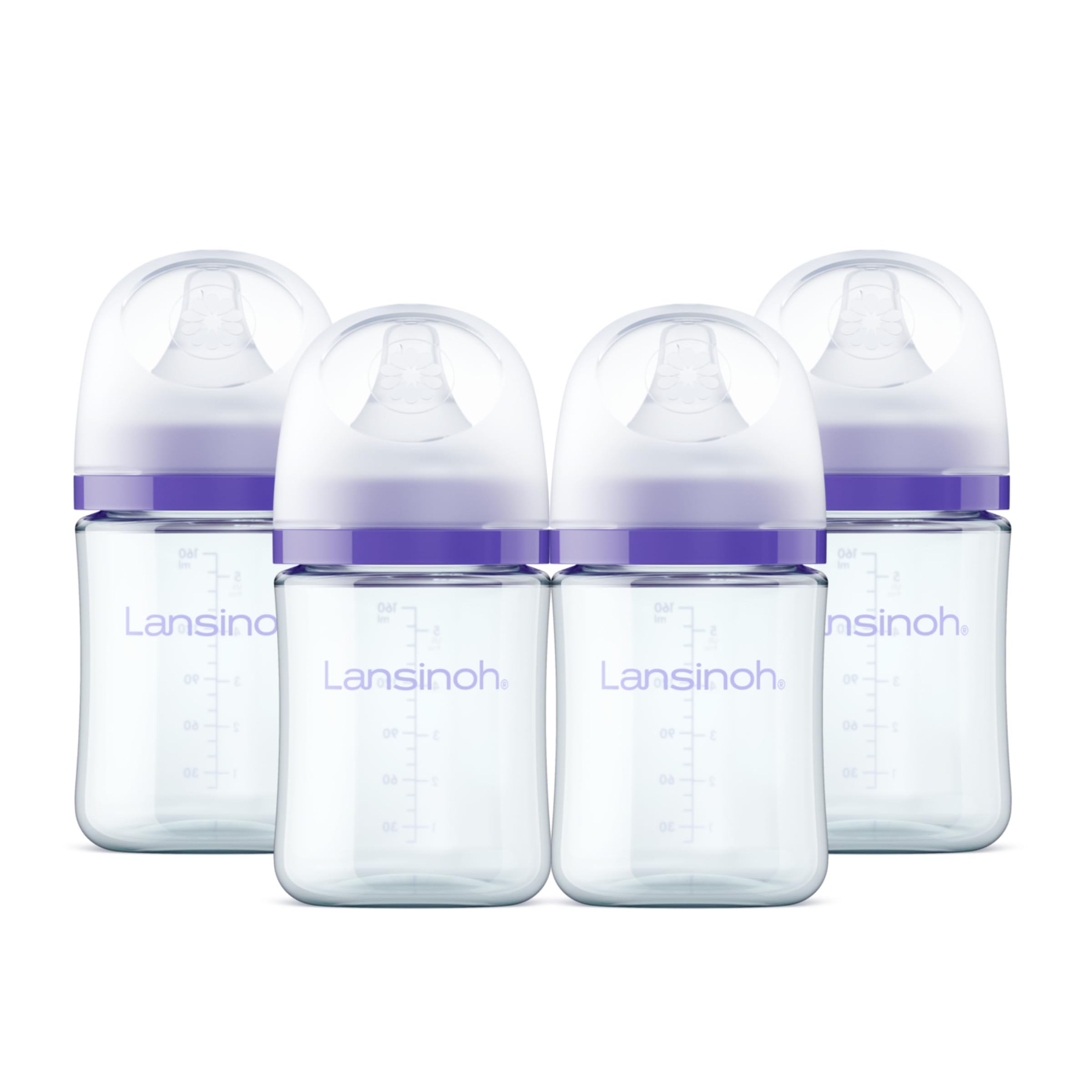 Lansinoh anti-colic glass bottle 5oz four-pack for smoother feedings.