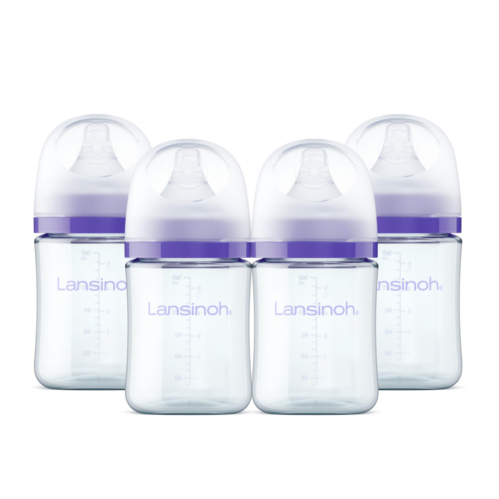 Lansinoh anti-colic glass bottle 5oz four-pack for smoother feedings.