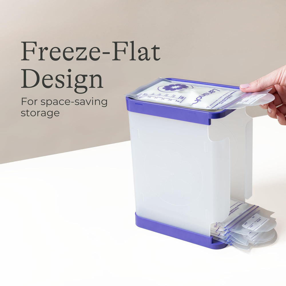 Lansinoh bags laid flat to save freezer space and speed thaw.