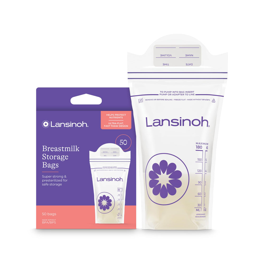 Lansinoh breastmilk storage bags 6oz front pack for easy, mess-free storage.