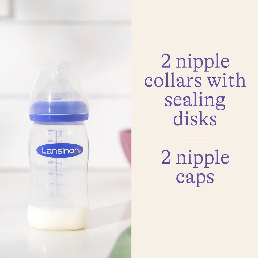 Lansinoh nipple collars with sealing disks for leak-free fit.