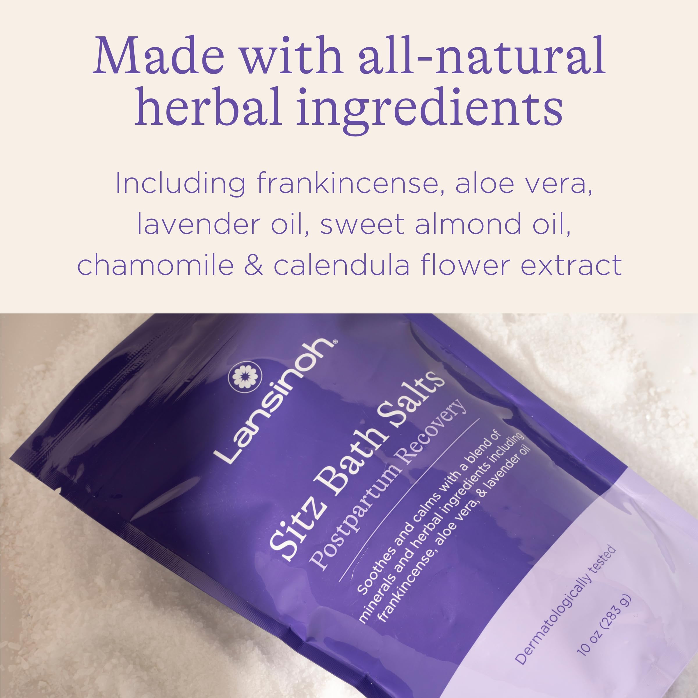 Lansinoh Sitz Bath Salts with Epsom minerals for relaxing muscle ease.