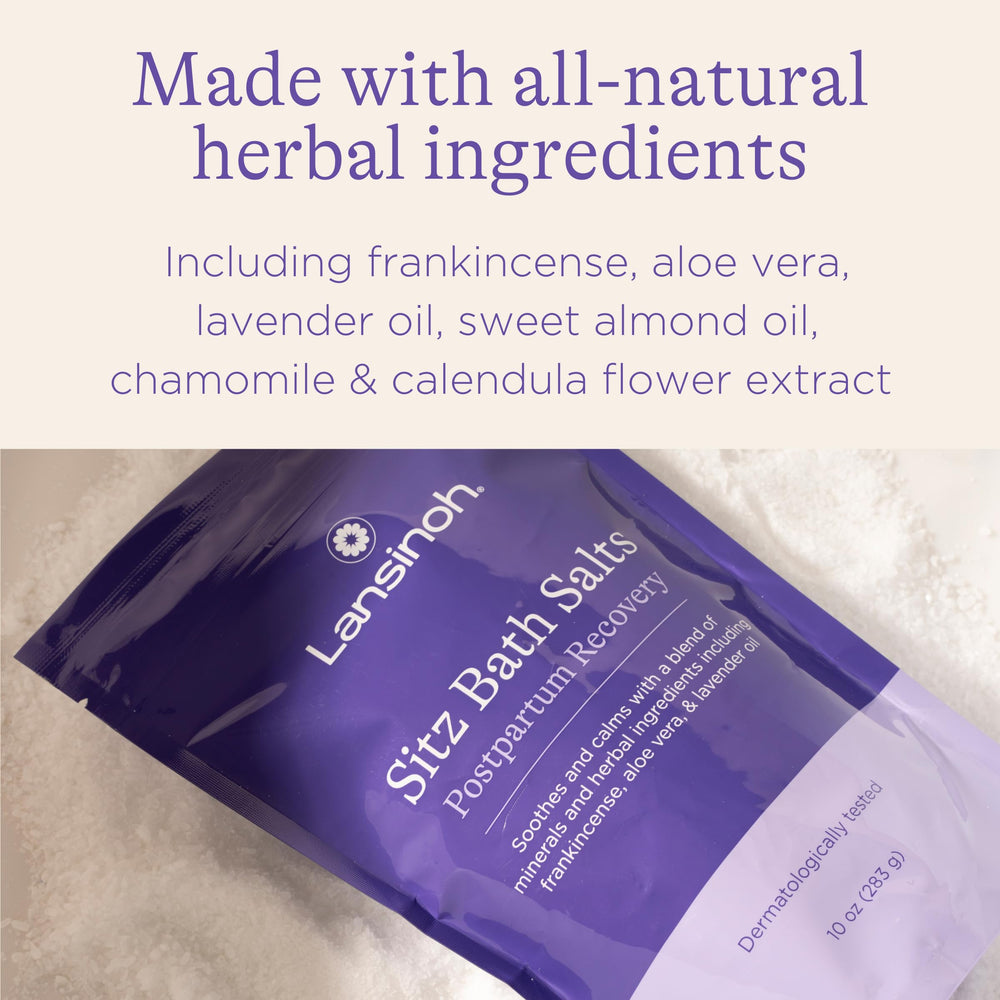 Lansinoh Sitz Bath Salts with Epsom minerals for relaxing muscle ease.
