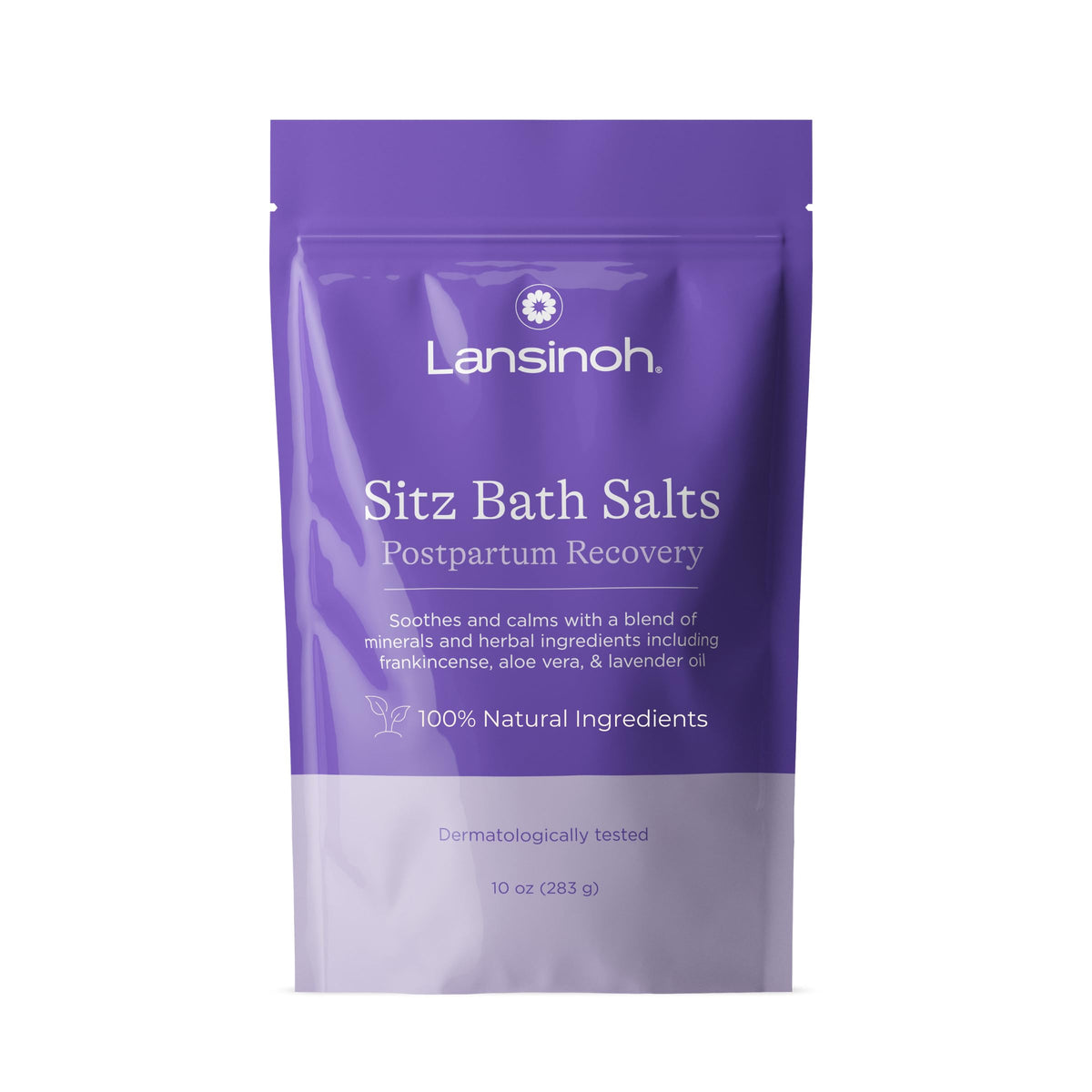 Lansinoh Sitz Bath Salts packaging highlighting soothing postpartum comfort.