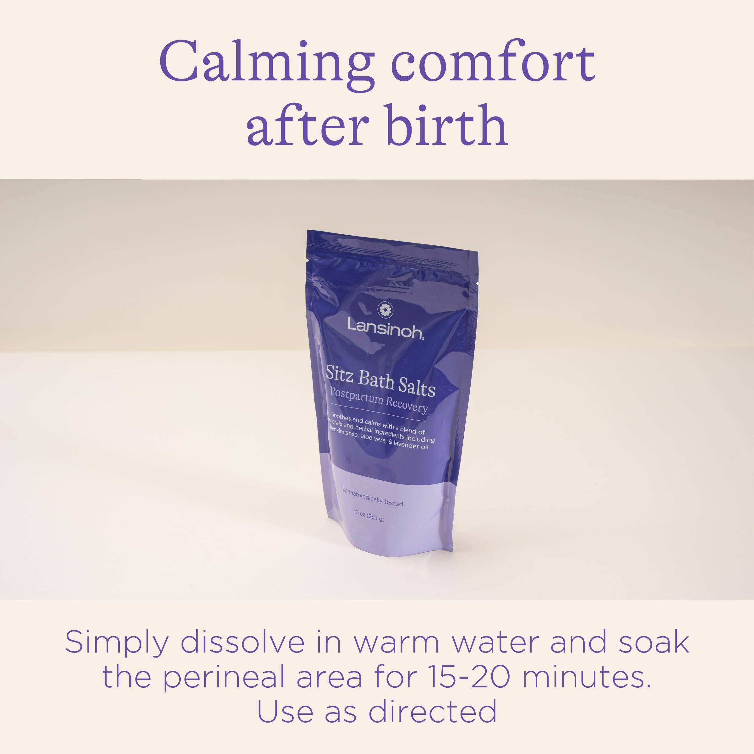 Lansinoh Sitz Bath Salts used postpartum for relaxing baths after delivery.