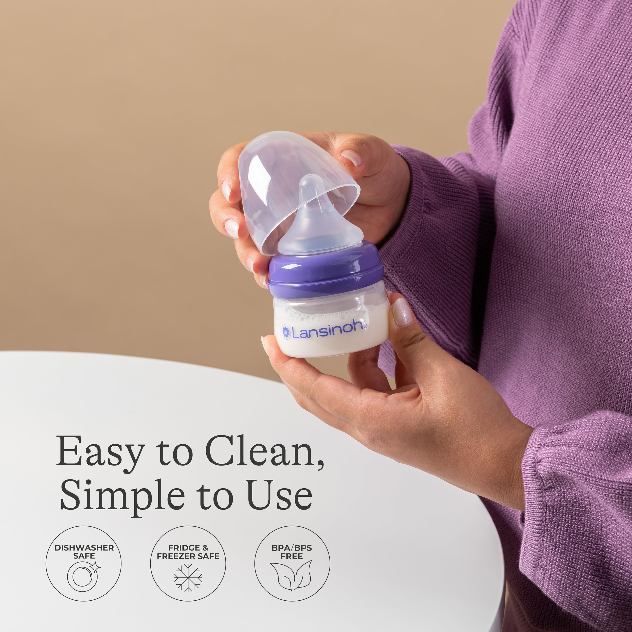 Lansinoh three-piece bottle design emphasizes easy assembly and cleaning.