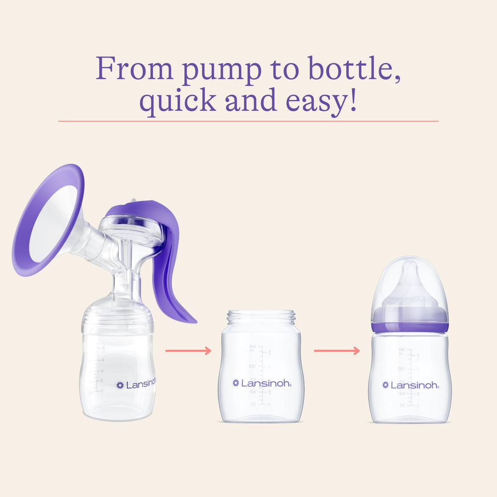 Lansinoh wide-neck bottle compatibility shown for storage and feeding
