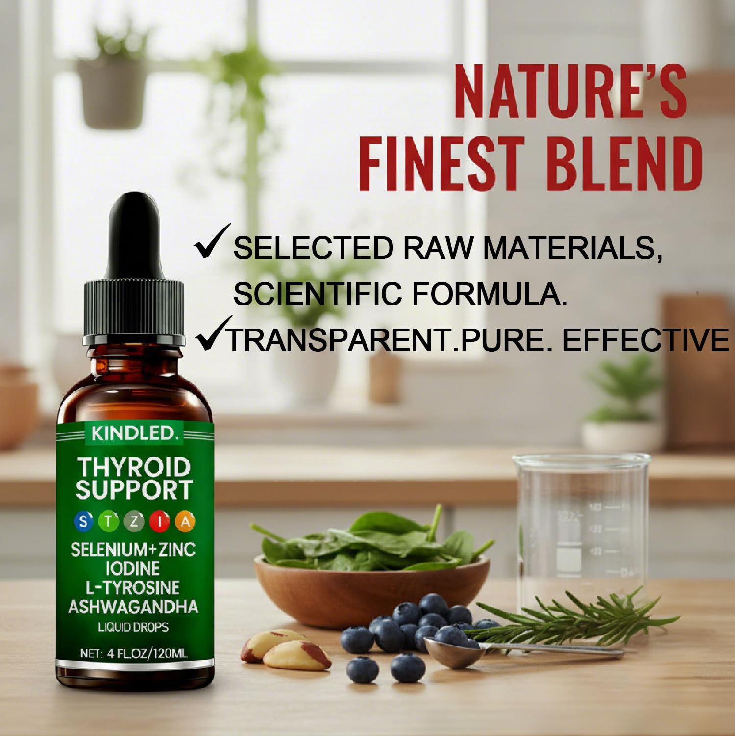 LANZF Kindled Thyroid Support Drops ingredients label shows iodine, zinc, selenium, ashwagandha.