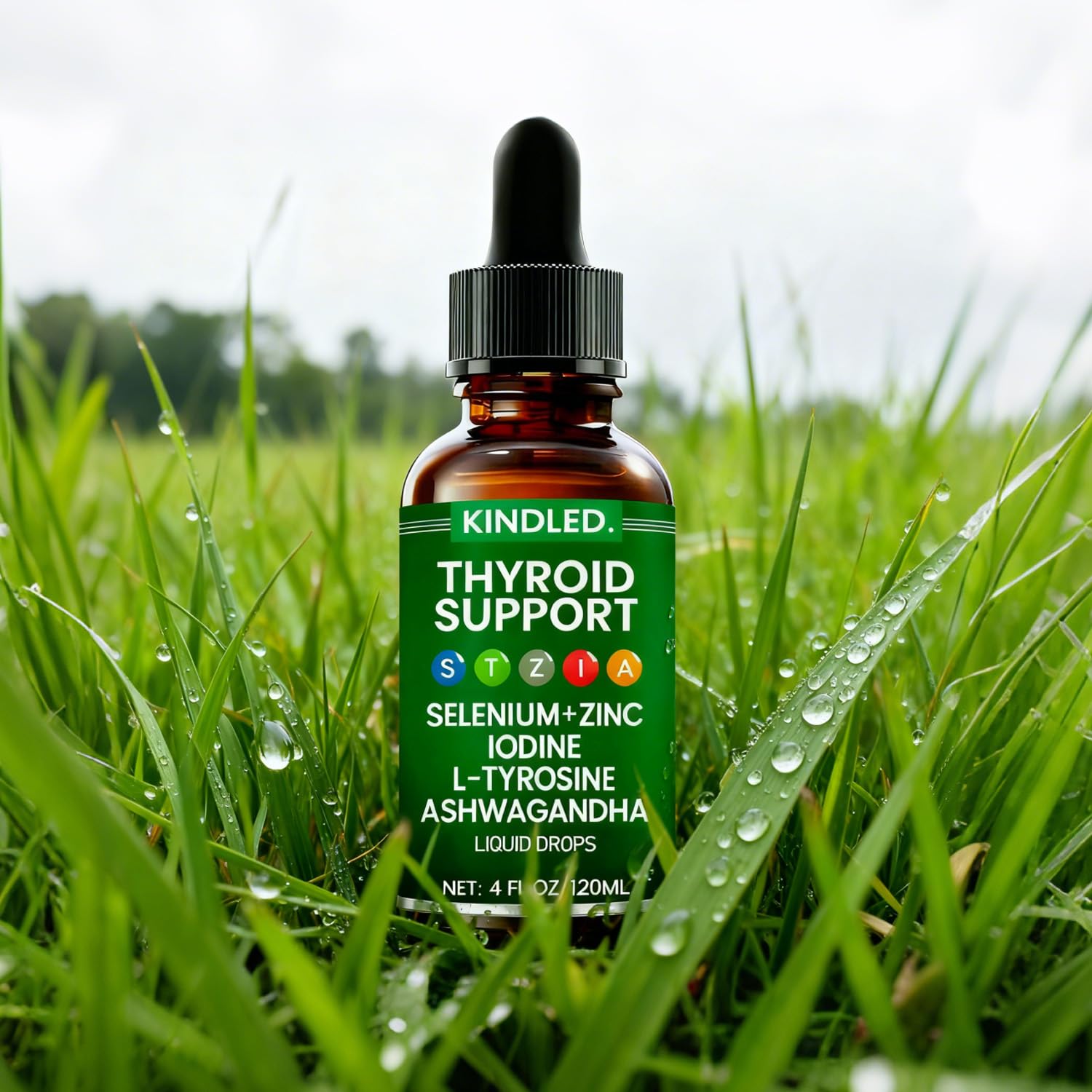 LANZF Kindled Thyroid Support Drops on shelf ready for daily use.