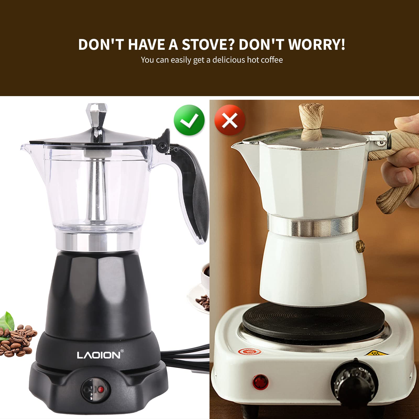 LAOION Cuban Coffee Maker detachable base for safer, easier setup.
