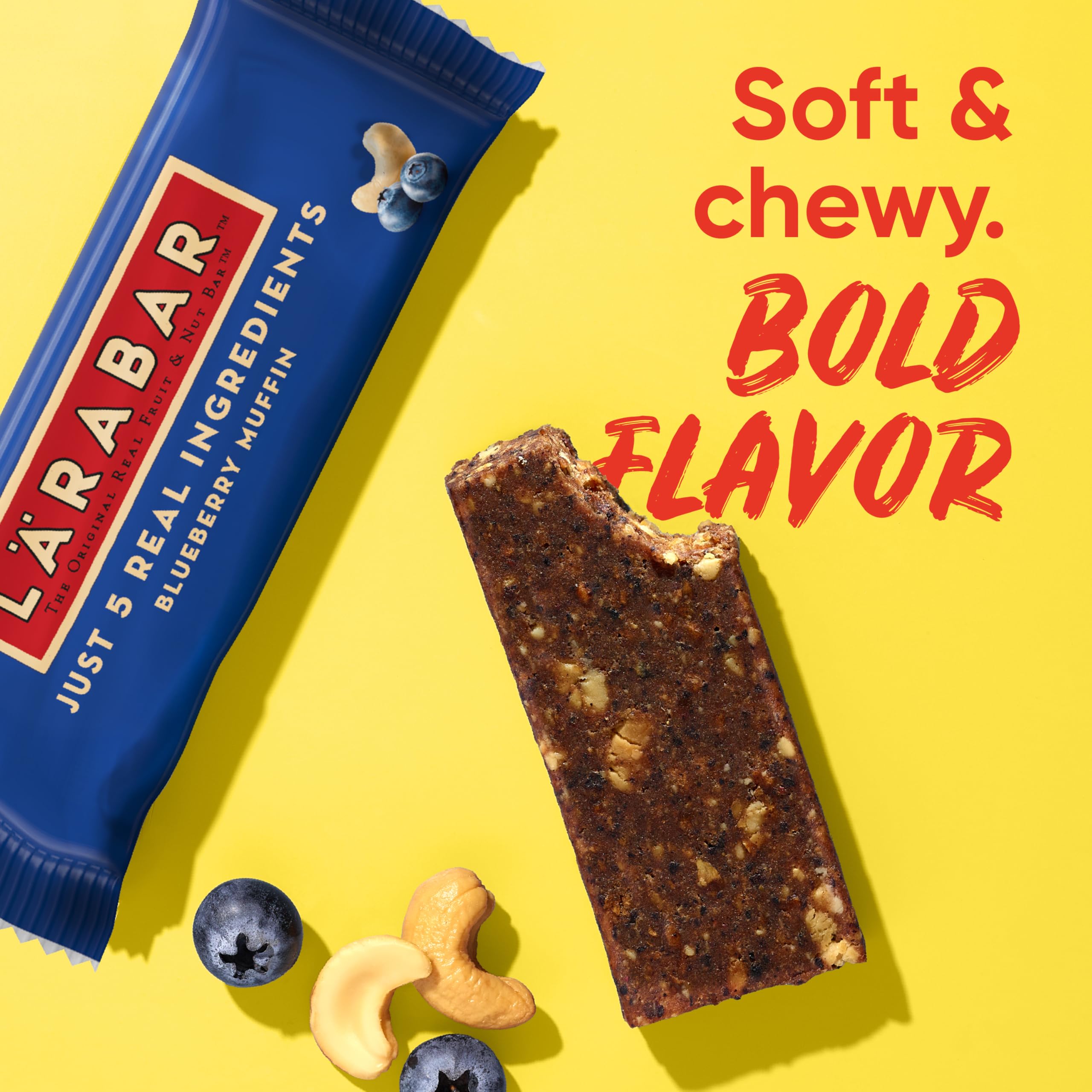 Box front showing 16-count box for instant snacking with LÄRABAR Blueberry Muffin.