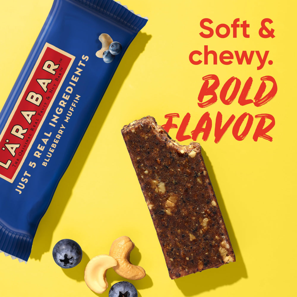 Box front showing 16-count box for instant snacking with LÄRABAR Blueberry Muffin.