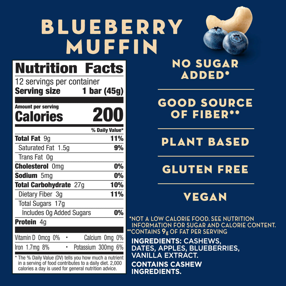 Close-up of LÄRABAR Blueberry Muffin bar highlighting chewy texture