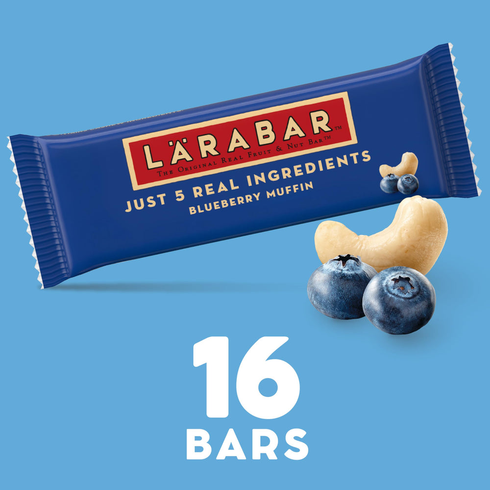 Close-up of ingredients: cashews, dates, apples, blueberries, vanilla in LÄRABAR Blueberry Muffin.