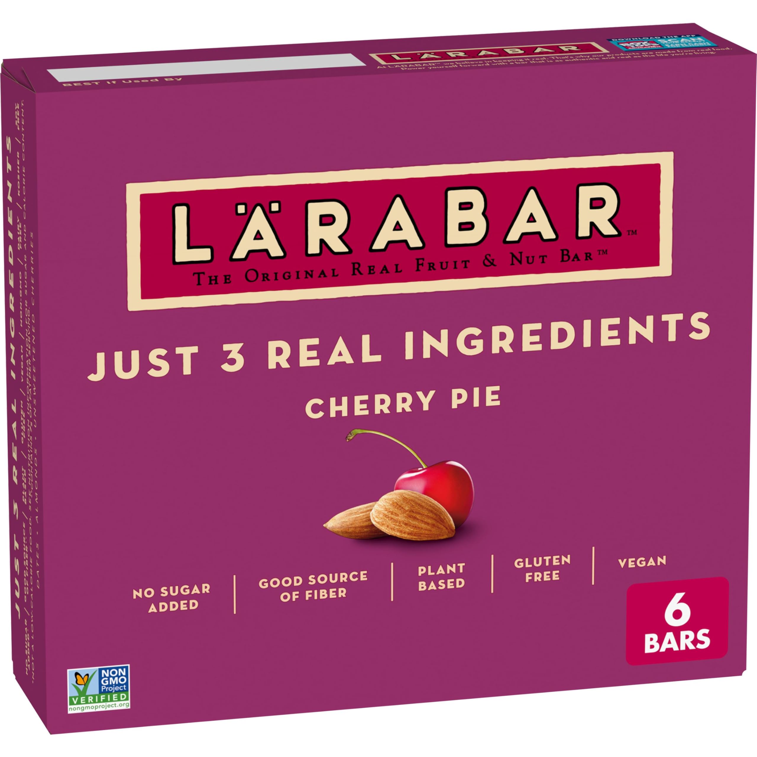LÄRABAR Cherry Pie bar close-up showing three simple ingredients: dates, almonds, cherries.