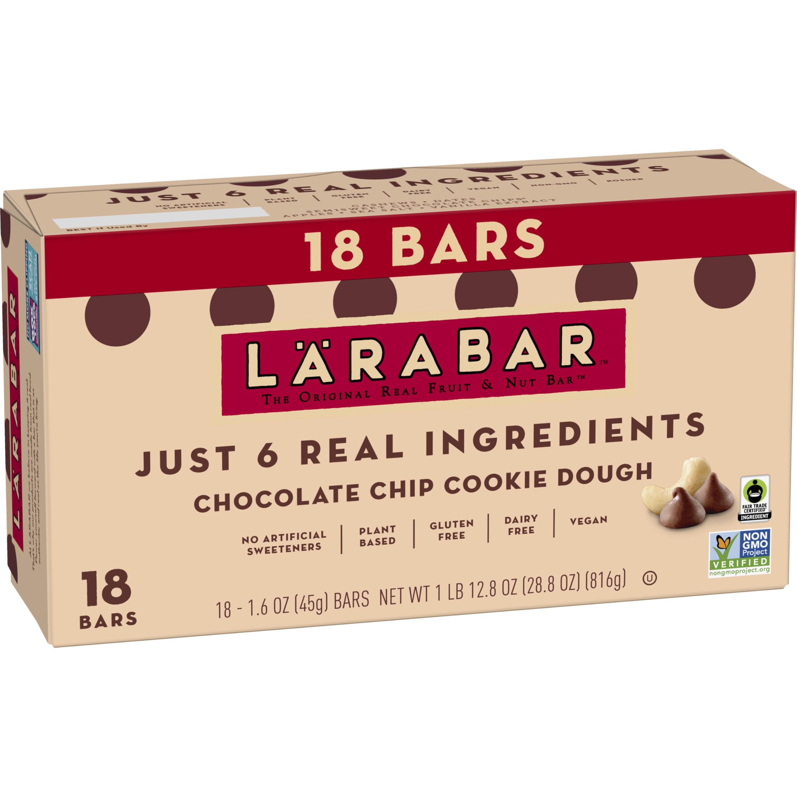 LÄRABAR Chocolate Chip Cookie Dough Bar packaging highlights six simple ingredients.