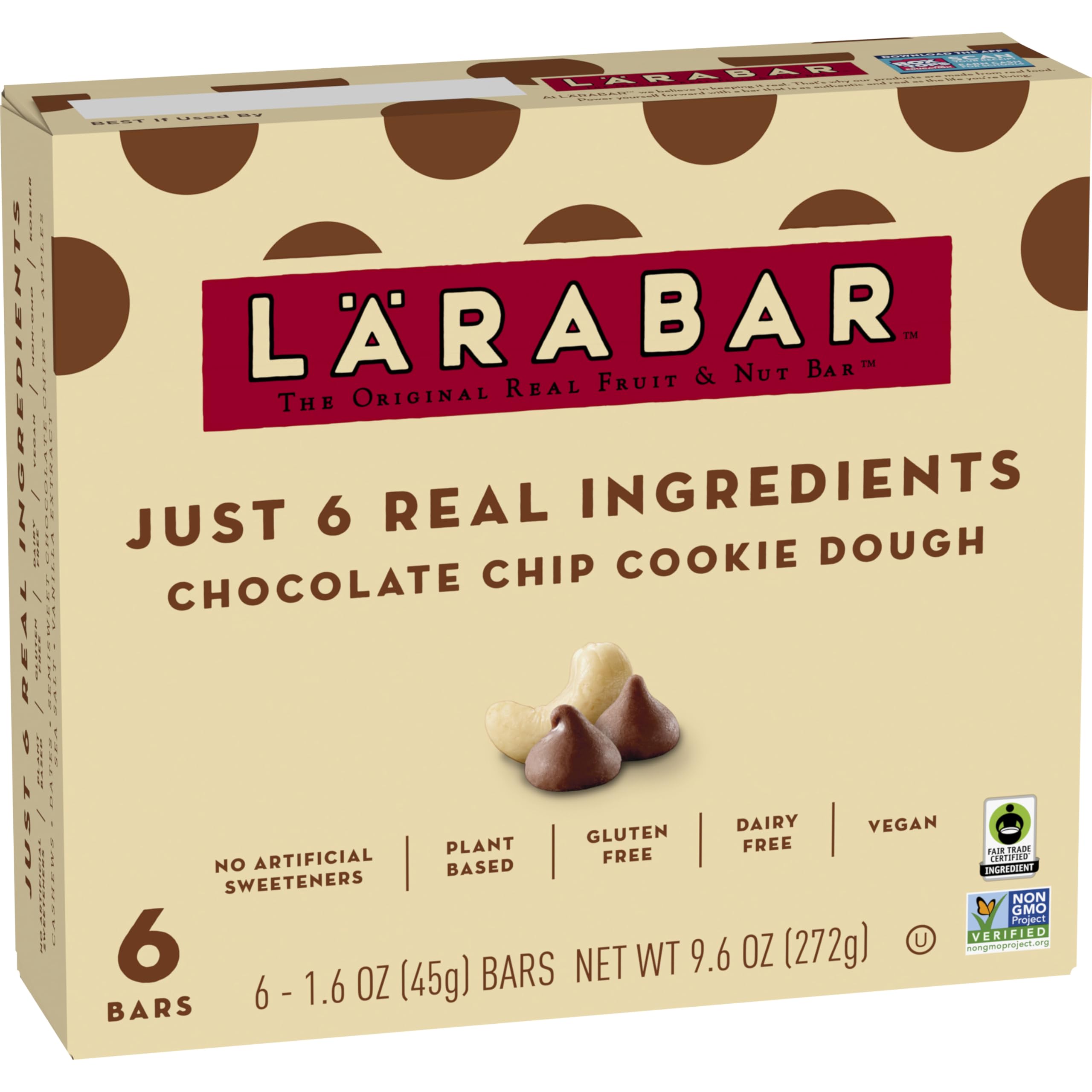 LÄRABAR Chocolate Chip Cookie Dough bar packaging featuring six simple ingredients.