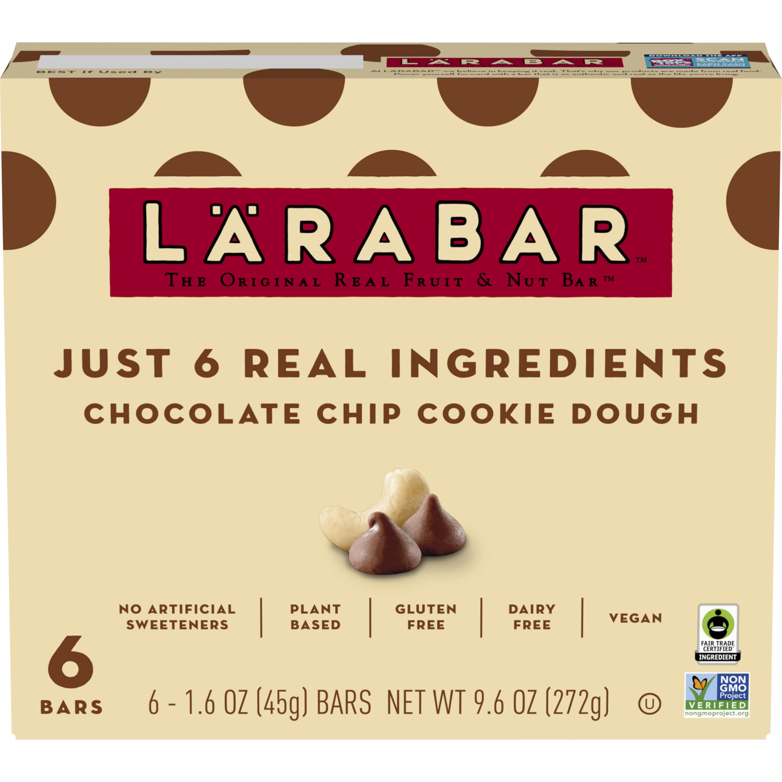 Close-up of LÄRABAR Chocolate Chip Cookie Dough bar texture showing chewy bite.