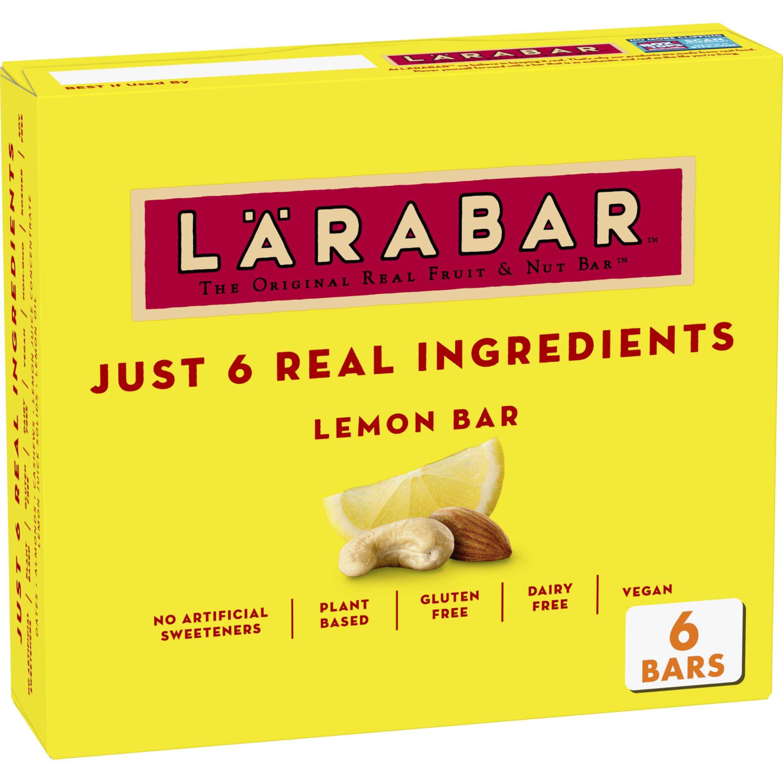 LÄRABAR Lemon Bar packaging shows six bars for convenient on-the-go snacking.