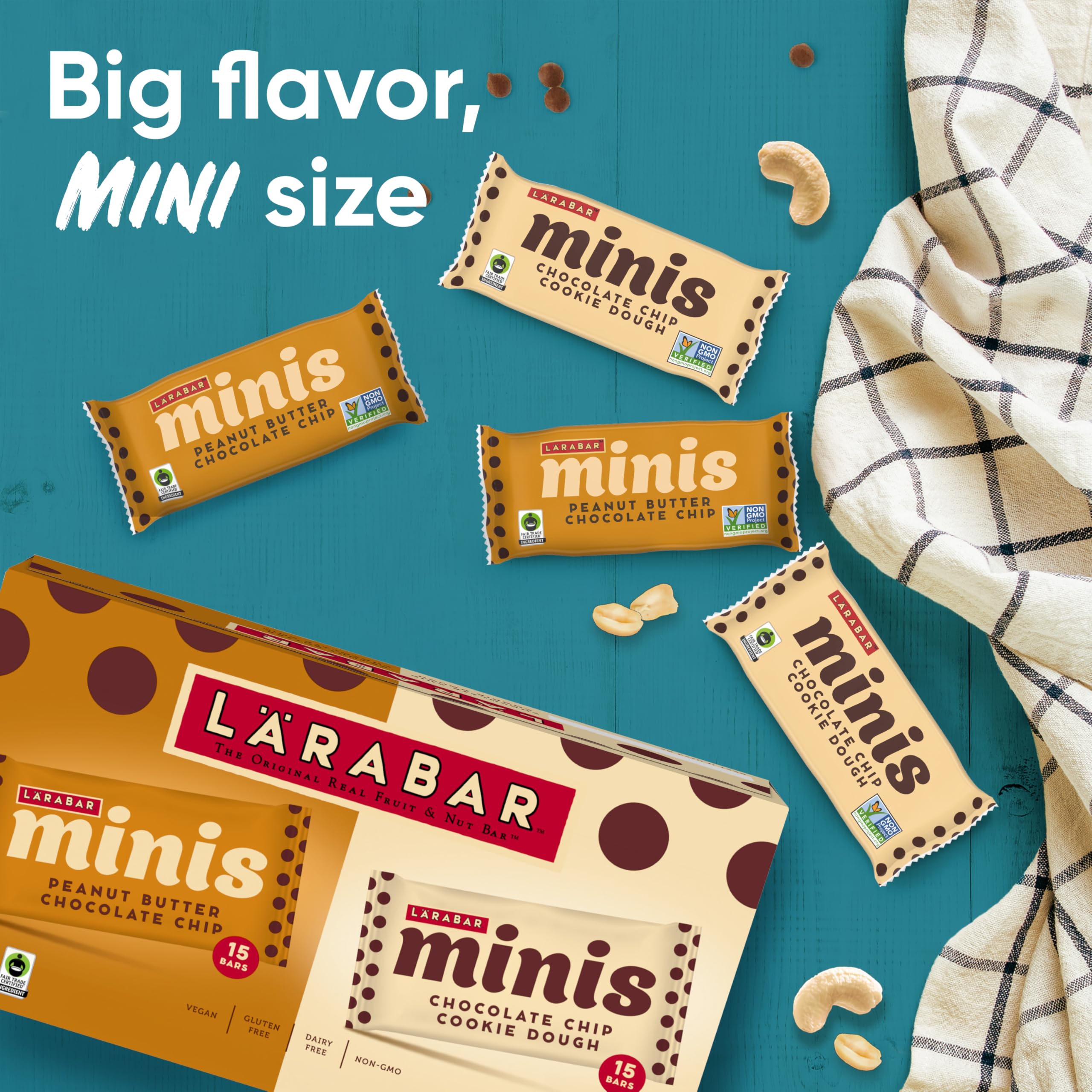 Larabar Minis Chocolate Chip Cookie Dough bar close-up, chewy texture with real ingredients.