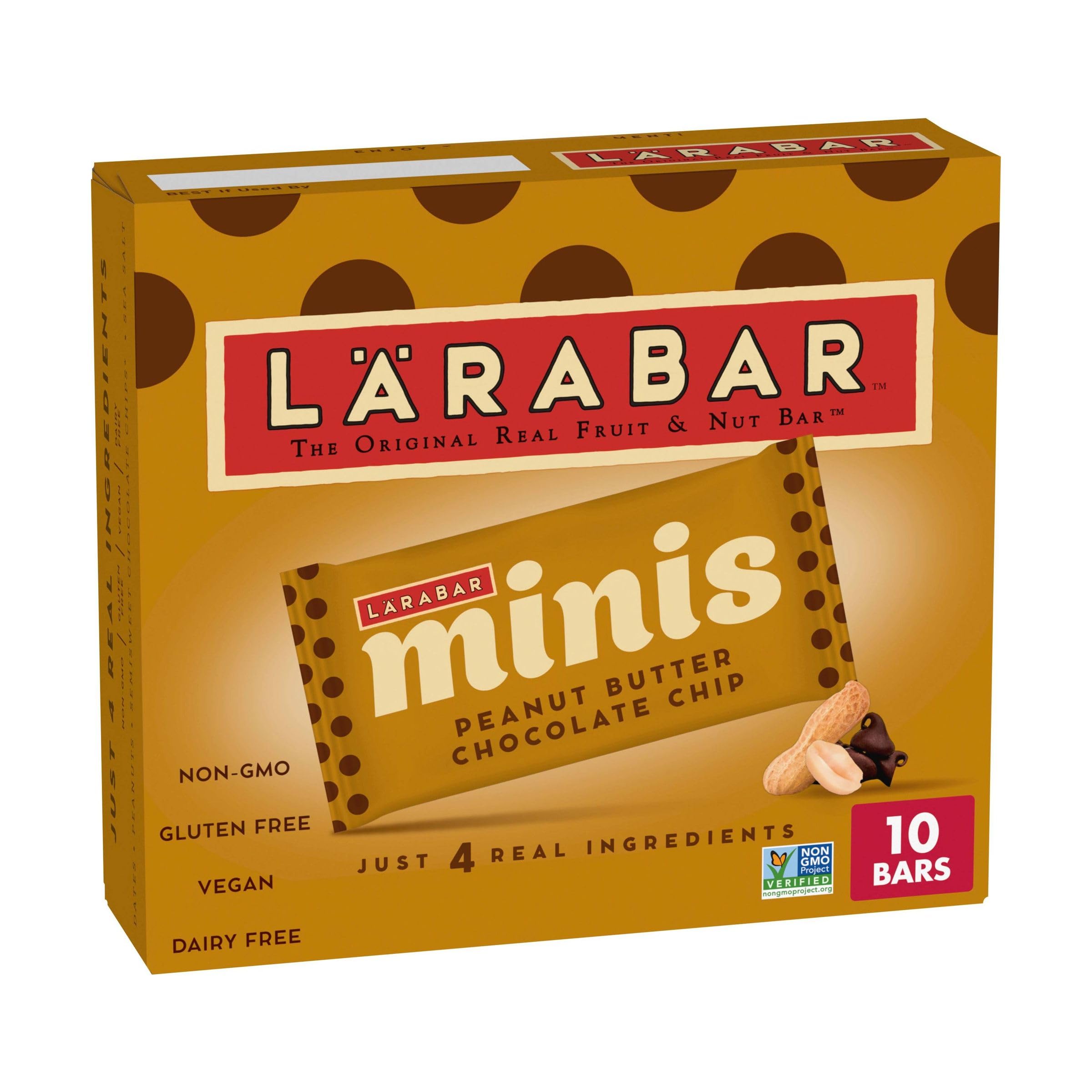 LÄRABAR Minis Peanut Butter Chocolate Chip bar on plate, gluten-free vegan snack.