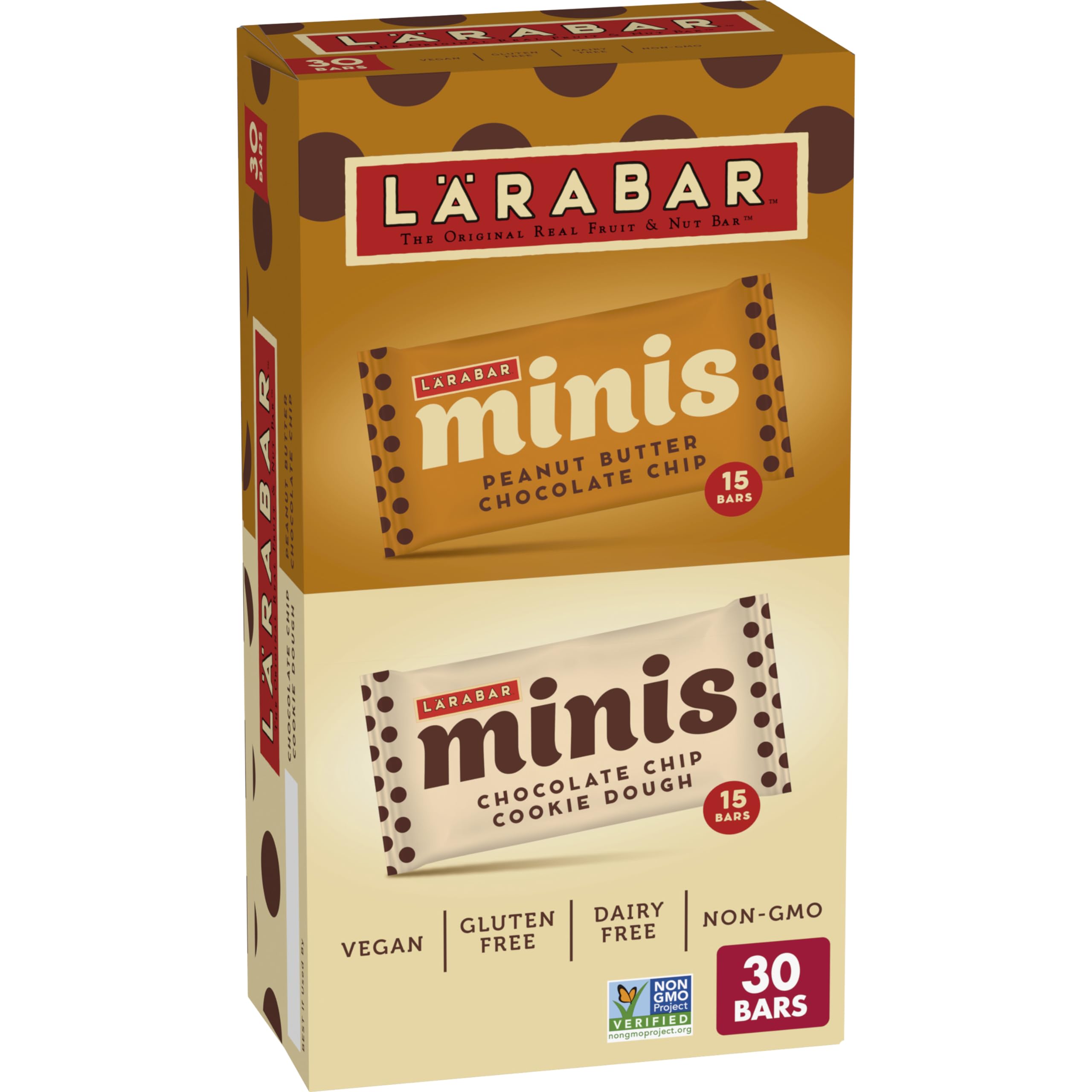 LÄRABAR Minis Variety Pack box front, a vegan, gluten-free snack option for busy days.