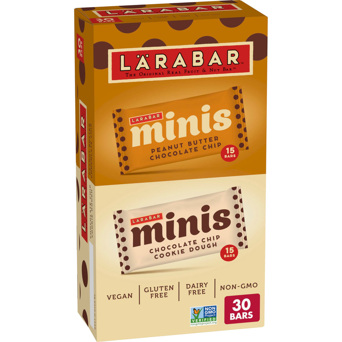 LÄRABAR Minis Variety Pack box front, a vegan, gluten-free snack option for busy days.