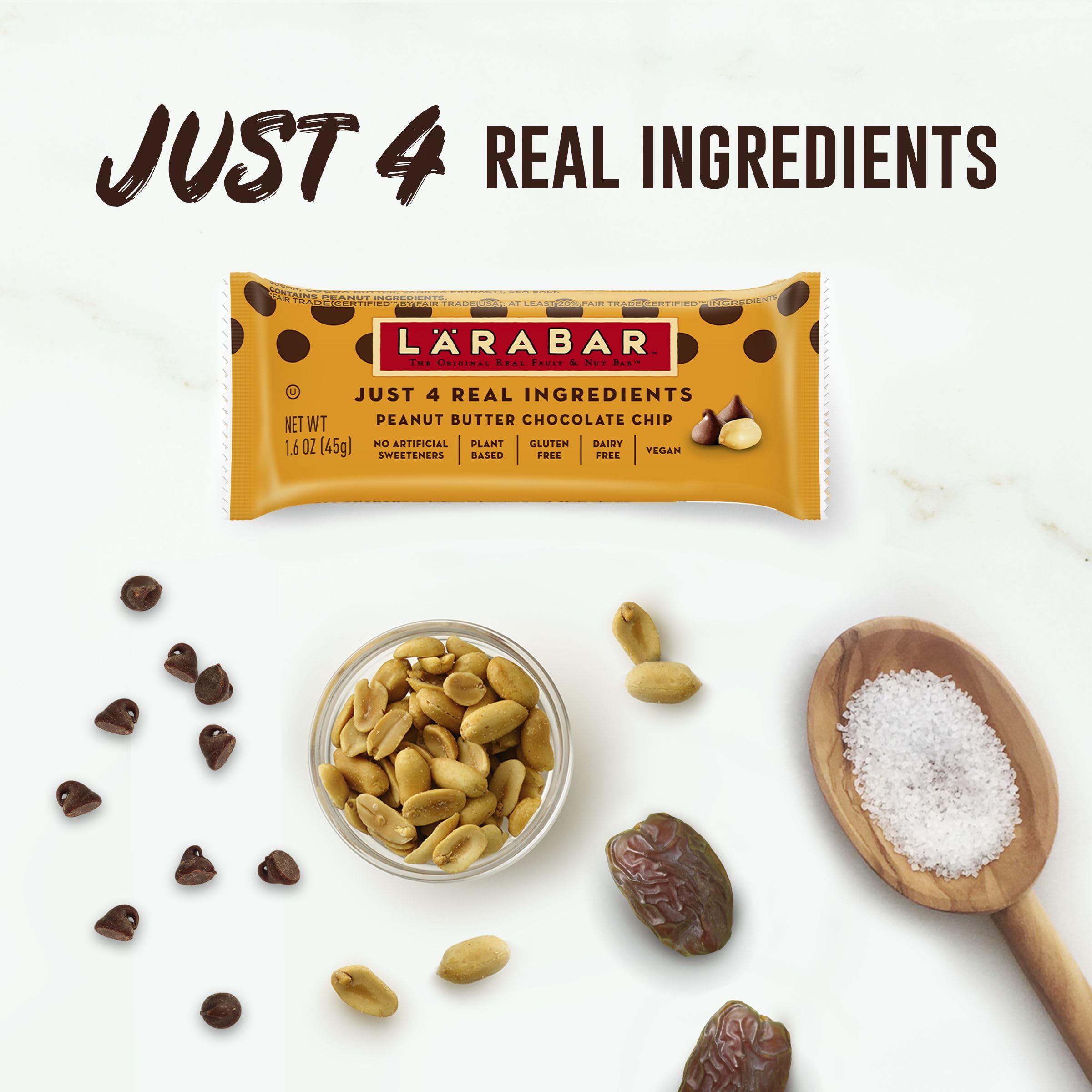 LÄRABAR bar cross-section shows dates, peanuts, and chocolate chips.